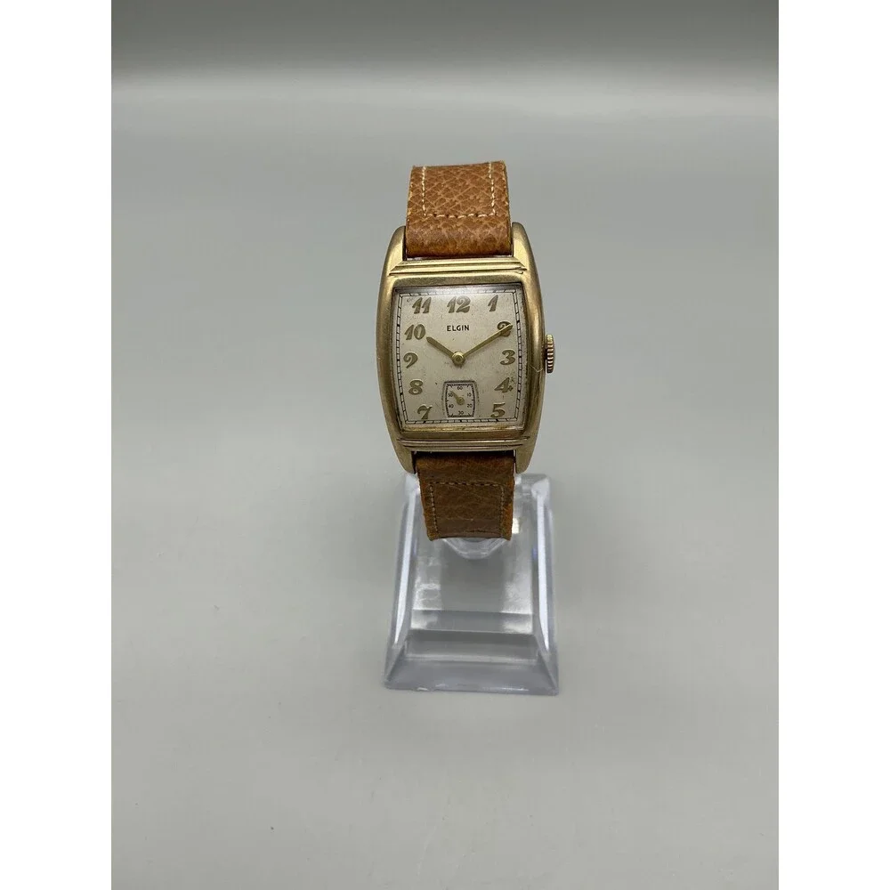 Vintage Elgin Tank Mens Watch 25mm Silver Gold Tone Brown Leather Manual Wind